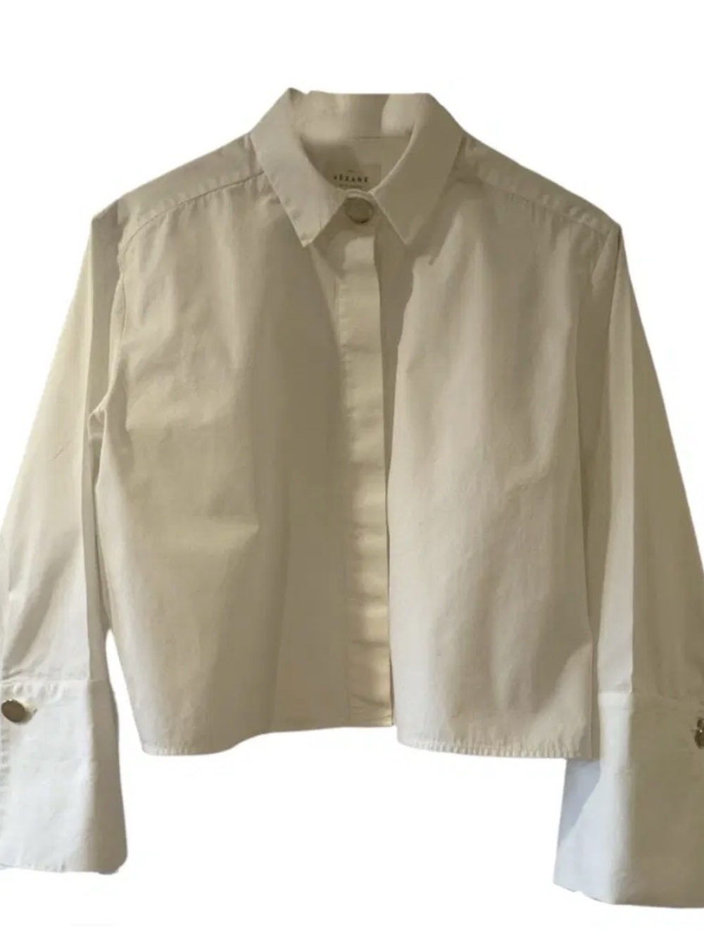 Sézane white Cropped Button Down shirt with wide cuffs and gold accents Small
